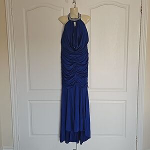 Jovani Rushed Halter Neckline With Faux Pearl Maxi Dress With Side Slit 12 Blue